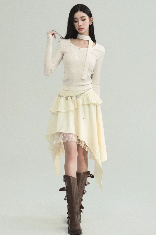 Ethereal Ivory Ensemble: Asymmetric Ruffled Midi Skirt & Choker-Neck Fitted Sweater Set Terry Blend Velvet Blend Canvas Blend