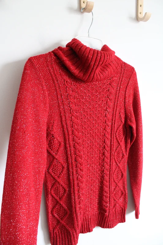 New York & Company Red Silver Shimmer Cable Knit Cowl Neck Sweater | S Long Sweater Short Sweater Cropped Sweater New York & Company Red Silver Shimmer Cable Knit Cowl Neck Sweater | S Long Sweater Short Sweater Cropped Sweater