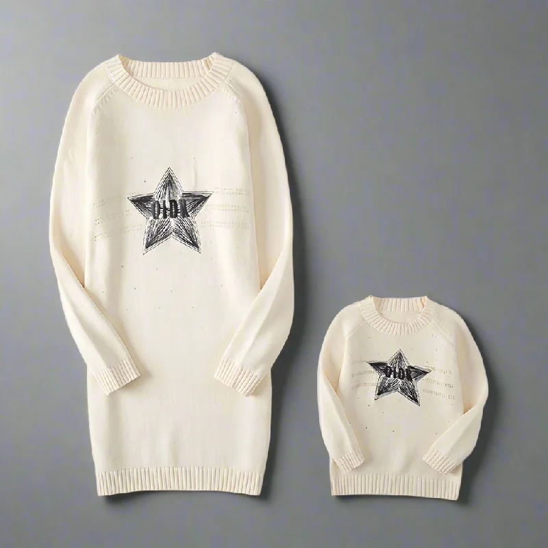 Matching Star Knit Sweater Dress  Cozy Cream Family Outfit for Mom and Daughter Print Jacquard Patchwork