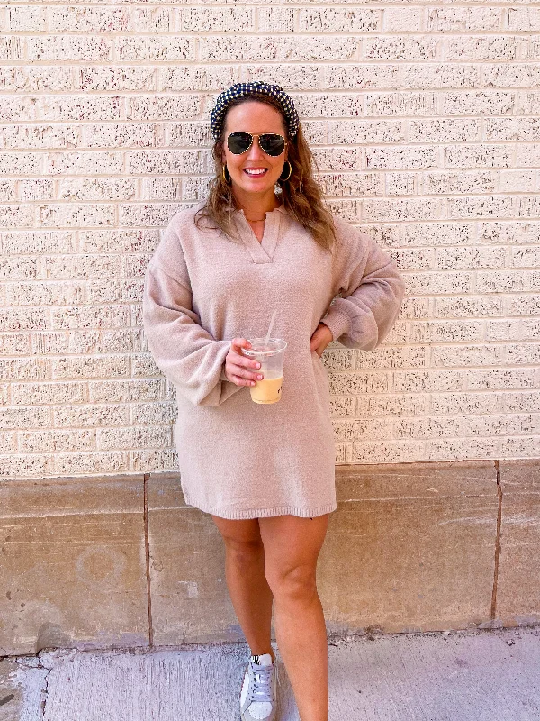 LONG SLEEVE COLLAR FUZZY SWEATER DRESS- TAUPE Graphic Sweater Embroidered Appliqued