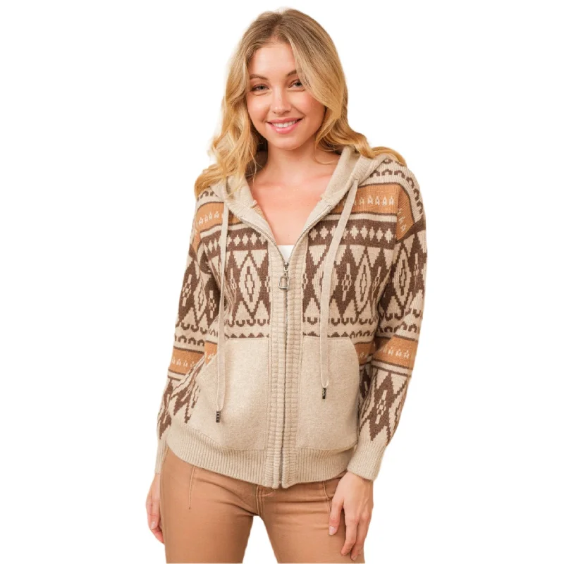 Blue B Women's Brown Aztec Zip Up Hooded Sweater Jacket Striped Floral Plaid