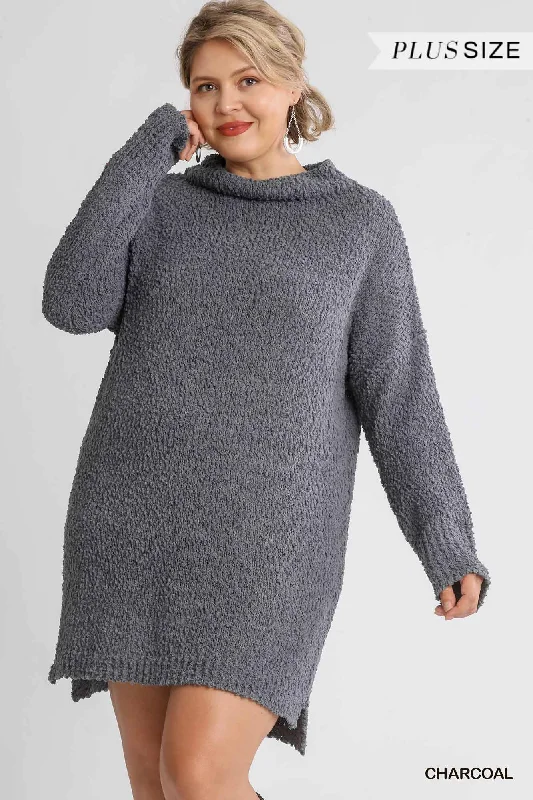 Blue Zone Planet | High Cowl Neck Bouclé Long Sleeve Sweater Dress Ribbed Striped Patterned Blue Zone Planet | High Cowl Neck Bouclé Long Sleeve Sweater Dress Ribbed Striped Patterned