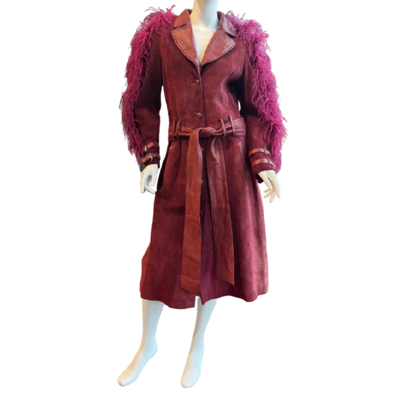 Burgundy Suede Jacket w/Gems & Feathers Zippered Front Buttoned Front Snap Front