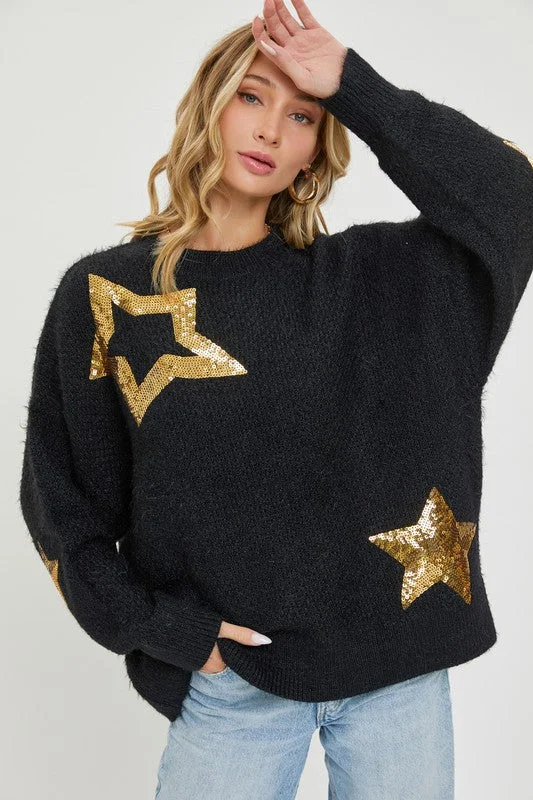 SOFT & Fuzzy Black Sweater with Gold Sequin Star Detail Denim Fabric Leather Fabric Suede Fabric SOFT & Fuzzy Black Sweater with Gold Sequin Star Detail Denim Fabric Leather Fabric Suede Fabric