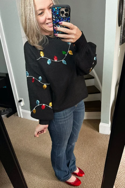 Black Christmas Lights Sequin Sweater Spandex Blend Rayon Blend Denim Blend