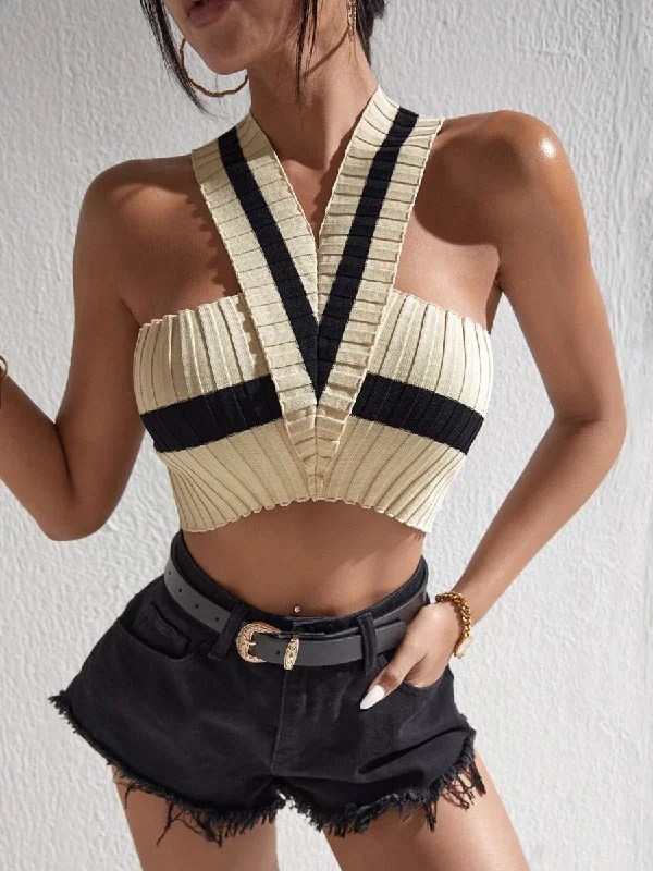 Knitted Halter Crop Top Mesh Blend Leather Blend Suede Blend