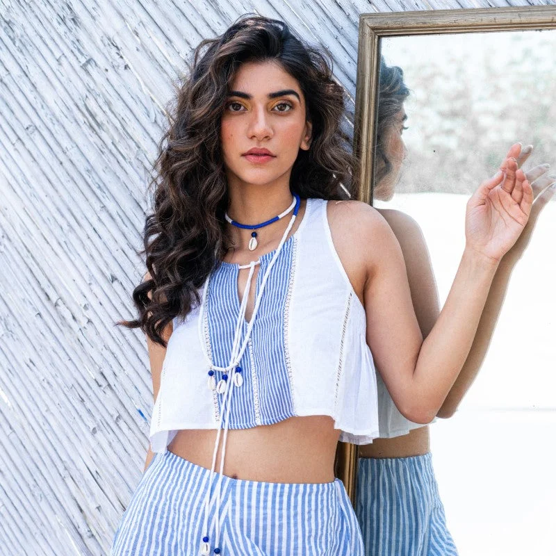 PEARL STRIPED CROP TOP WITH LACE INSERT Graphic Embroidered Appliqued