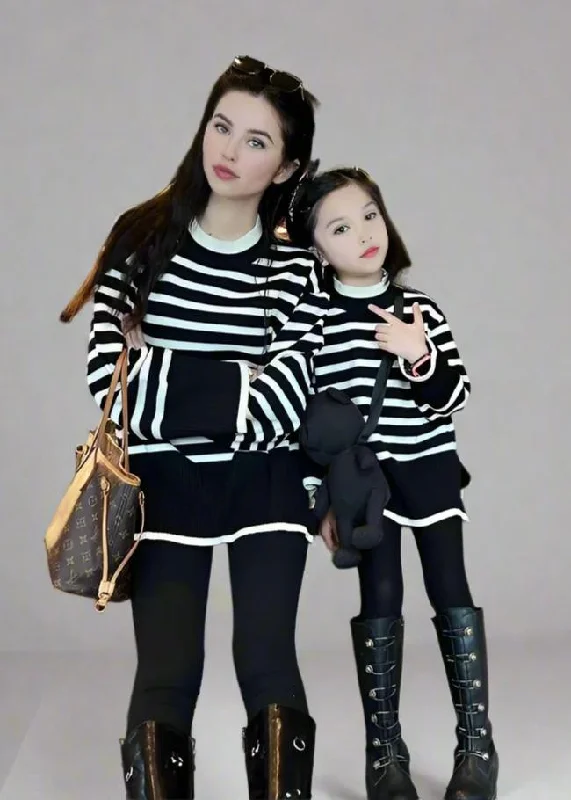 Cozy Matching Black & White Striped Sweater Set for Mom and Daughter Houndstooth Herringbone Solid