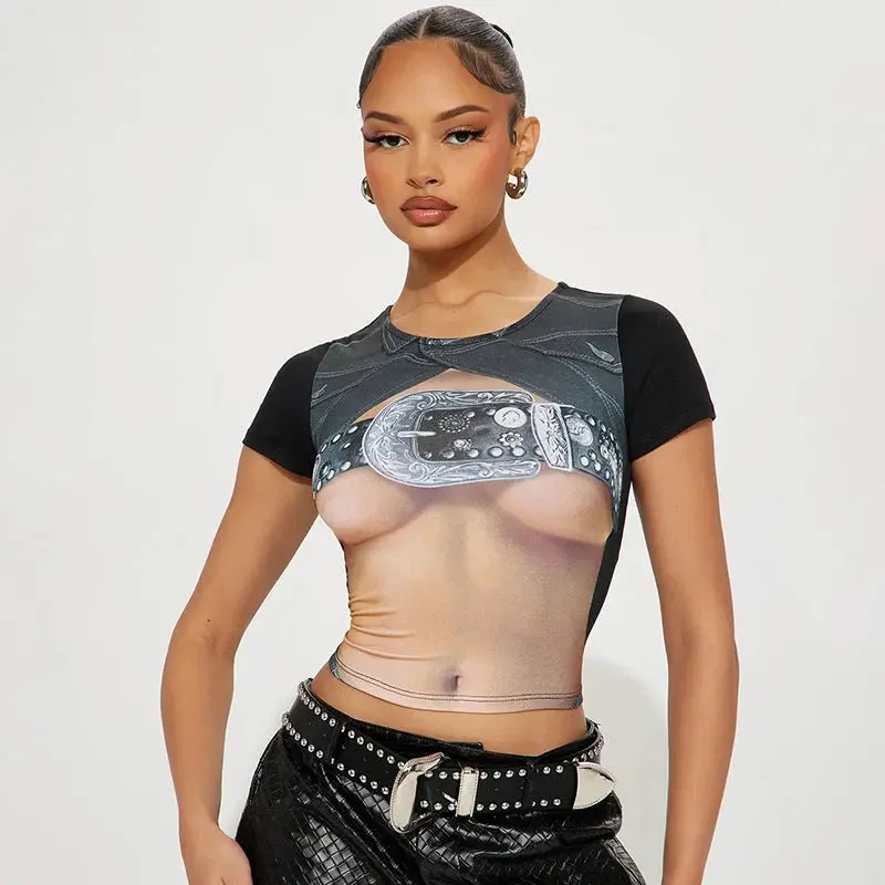 Floral Print Slim Fit Crop Top Mesh Blend Leather Blend Suede Blend