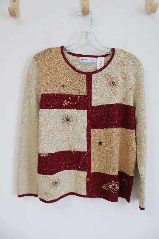 Alfred Dunner Red & Tan Beaded Shimmer Sweater | M Petite Cotton Fabric Linen Fabric Terry Fabric Alfred Dunner Red & Tan Beaded Shimmer Sweater | M Petite Cotton Fabric Linen Fabric Terry Fabric