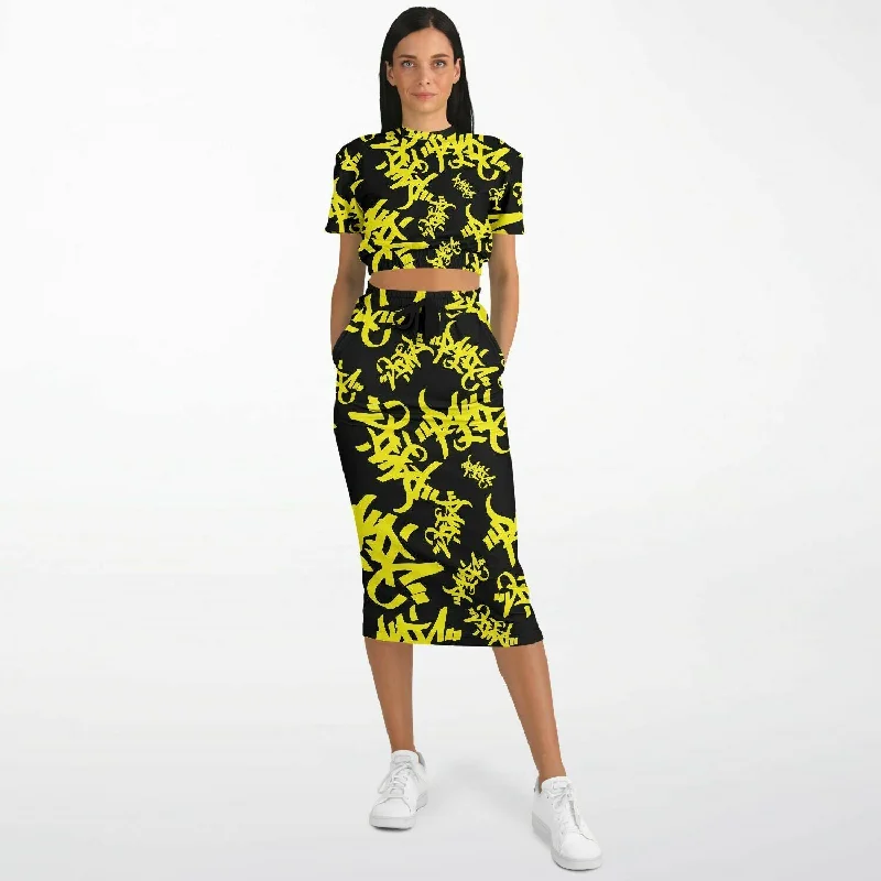 Tag Athletic Crop Top With Long Pocket Skirt Black/Yellow Rayon Fabric Velvet Fabric Corduroy Fabric Tag Athletic Crop Top With Long Pocket Skirt Black/Yellow Rayon Fabric Velvet Fabric Corduroy Fabric