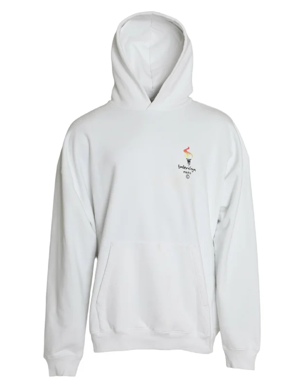 White Cotton Logo Hooded Pullover Sweatshirt Sweater Open Neck Pullover