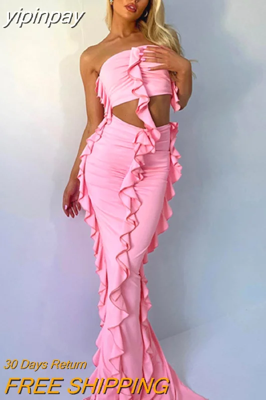 yipinpay Ruffles Aesthetic Dress Set Strapless Crop Tops And High Waist Long Skirt Suit Two Piece Set Summer Party Outfits 2023 Polka Dot Checkered Tartan yipinpay Ruffles Aesthetic Dress Set Strapless Crop Tops And High Waist Long Skirt Suit Two Piece Set Summer Party Outfits 2023 Polka Dot Checkered Tartan