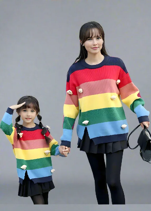 Mother-Daughter Matching Rainbow Striped Sweater with 3D Teddy Bear Details Mesh Fabric Canvas Fabric Denim Fabric Mother-Daughter Matching Rainbow Striped Sweater with 3D Teddy Bear Details Mesh Fabric Canvas Fabric Denim Fabric