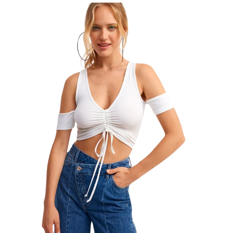 OXXO - V-neck Crop Top with Gathered Details Houndstooth Herringbone Solid