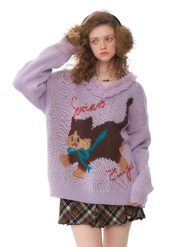 Dancing Cat Knit Sweater Boxy Sweater Fitted Sweater A-Line