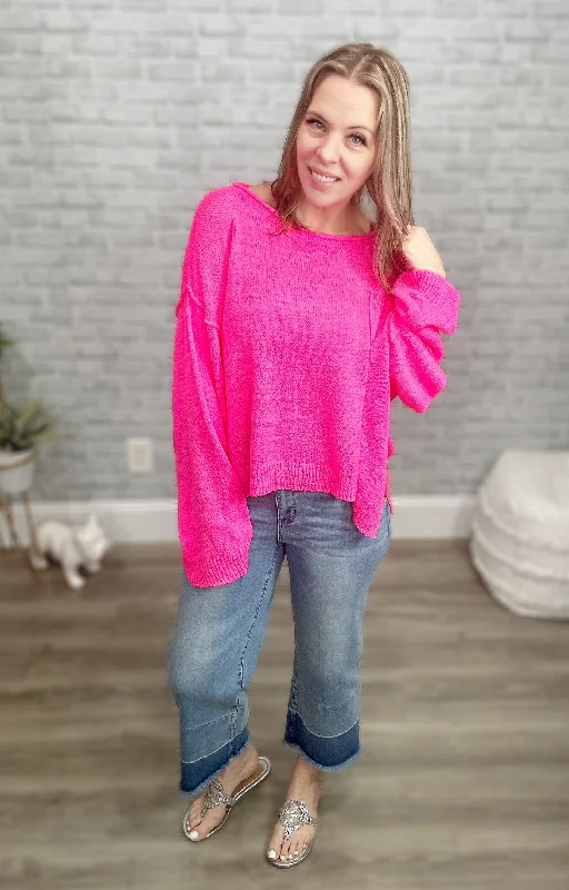 Hot Pink Lightweight Wide Neck Sweater Elasticated Padded Insulated