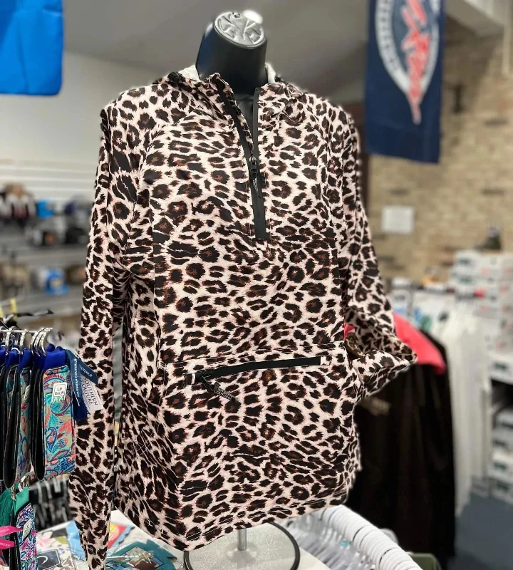 Quarter Zip Wind Breaker Pullover, Brown Leopard Shawl Collar Sweater