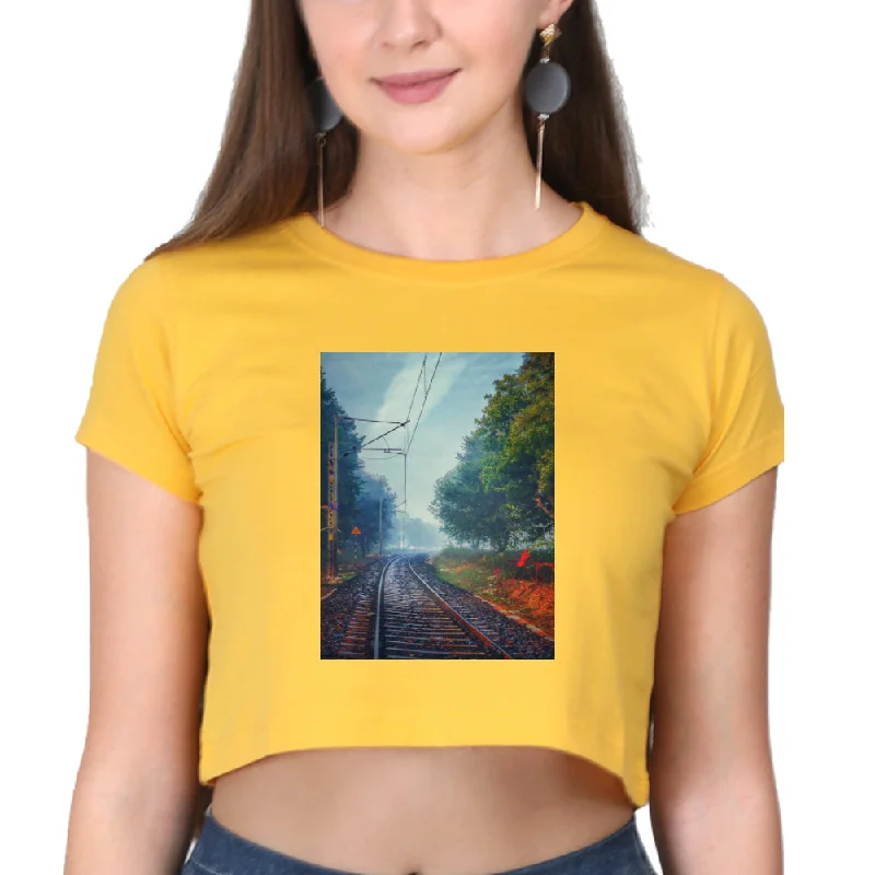 Train Track Crop Top for Ladies Solid Print Embellished