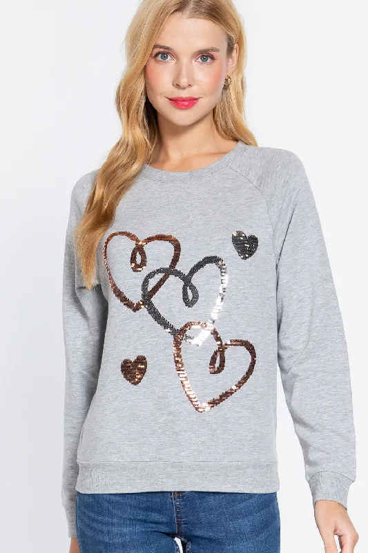 Long Sleeve Sequins French Terry Pullover Top in Heather Grey Cap Sleeve Casual