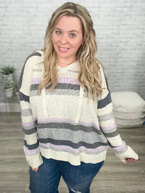 Sweet Lavender Striped Spring Sweater with Hood Neon Metallic Matte