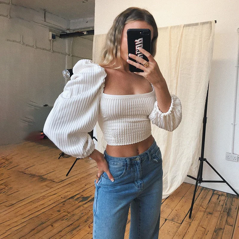 Puff Sleeve Corsett Style Crop Top Elasticated Padded Insulated