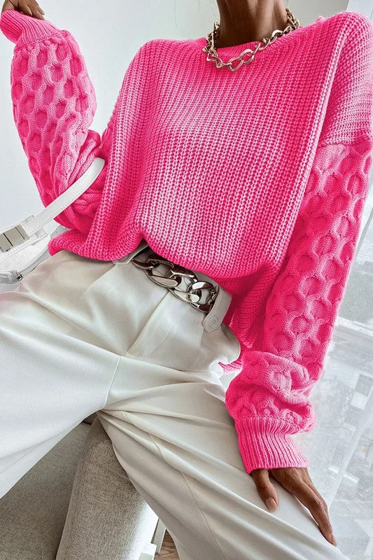 ROUND NECK LANTERN SLEEVE PULLOVER SWEATER Flutter Sleeve Feminine