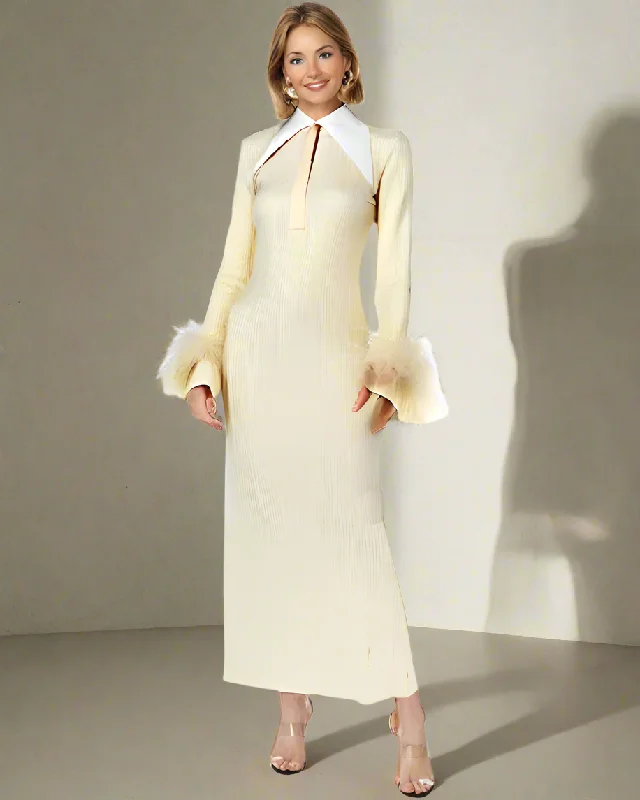 Ashore Shop Spring Long Sleeve Long Slim Dress with Light Fur Cuffs