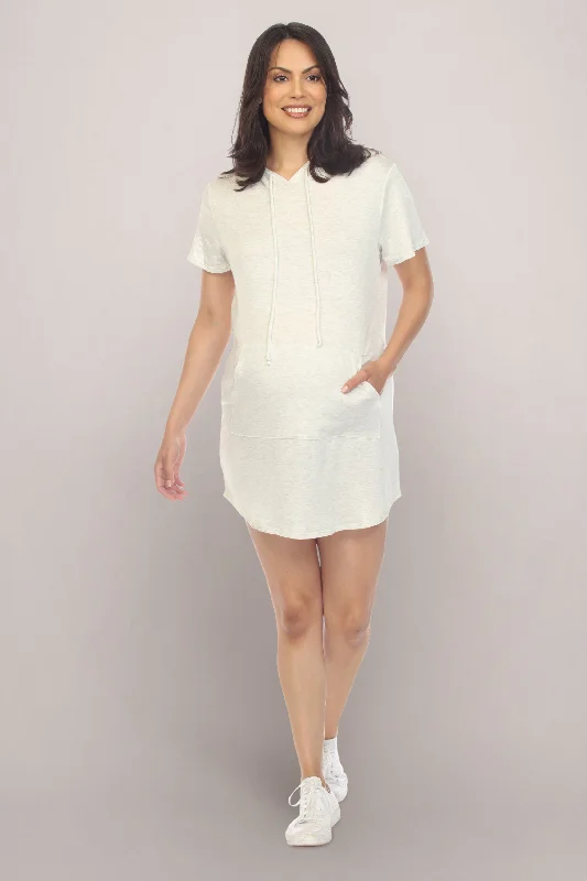 Off White Hooded Short Sleeve Maternity Sweater Dress Stylish Fashionable Trendy