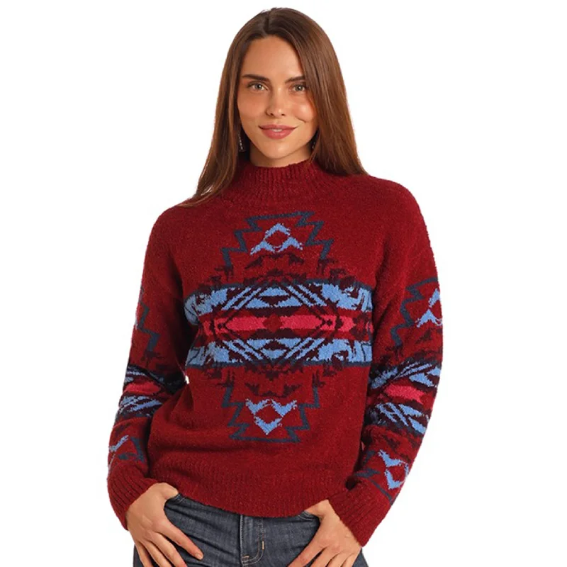 Rock & Roll Women's Dark Red Southwest Sweater Neon Metallic Matte