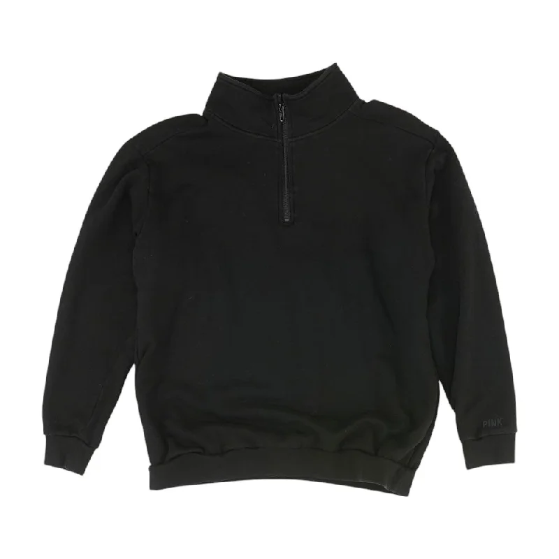 Black Solid 1/4 Zip Pullover Keyhole Neck Pullover