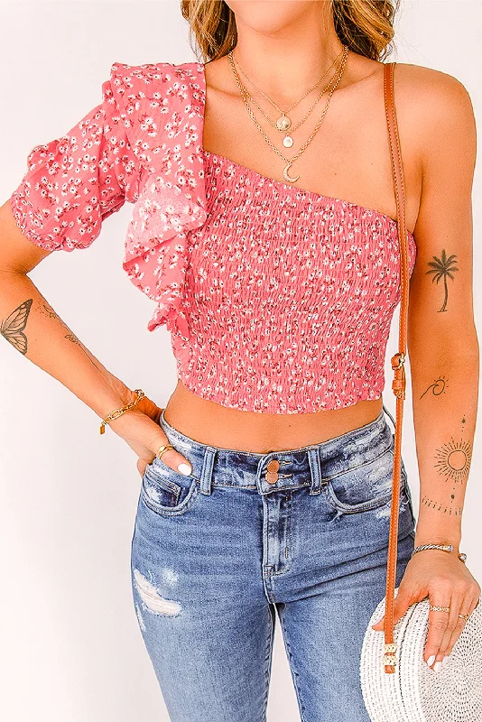 Pink Floral Print Smocked Ruffled One Shoulder Crop Top Anti-Pilling Machine Wash Handmade Pink Floral Print Smocked Ruffled One Shoulder Crop Top Anti-Pilling Machine Wash Handmade