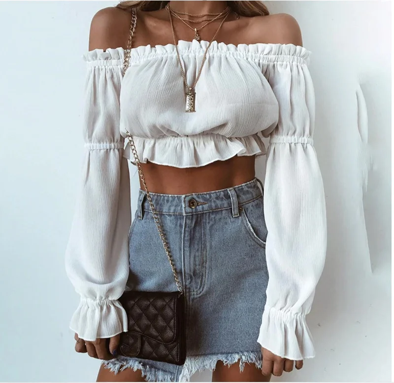 Long Sleeve Off Shoulder Crop Top Rayon Velvet Corduroy