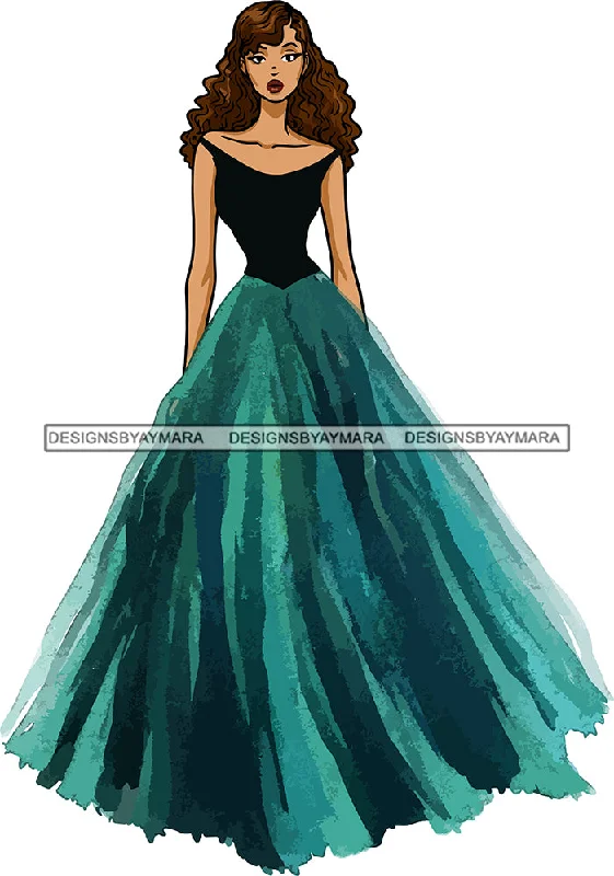 Model Fashion Woman Posing Fancy Gown Dress Vogue Goddess Glamour Trendy Clothing Curly Hair Style SVG Cutting Files For Silhouette Cricut More