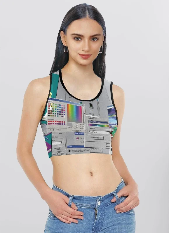Glitchcore Computer Screen Crop Top Asymmetrical Pockets Print