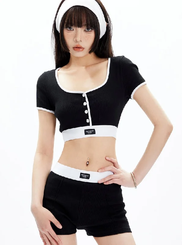 Black and White Contrast Trim Crop Top and Shorts Set Seamless Knitted Crochet