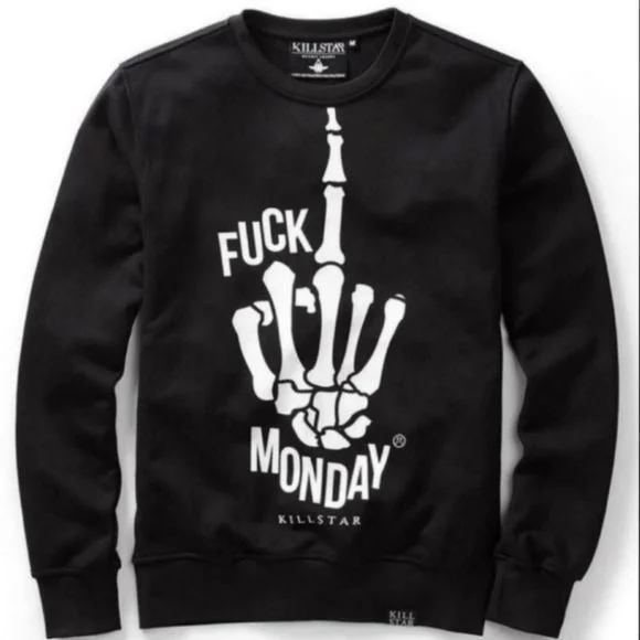 Fuĉķ Monday Pullover Sweatshirt | Black Soft Cotton Unisex Fit Rare Leg Sleeve Comfort