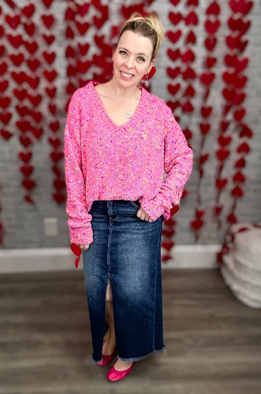 Hot Pink Confetti Sprinkles V-Neck Sweater Handmade Hand-knitted Hand-woven