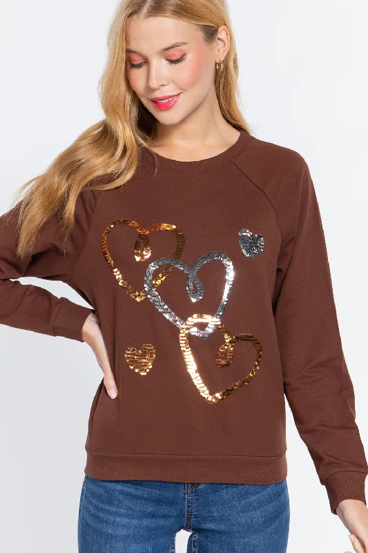 Long Sleeve Sequins French Terry Pullover Top in Serpia dolman Sleeve Top