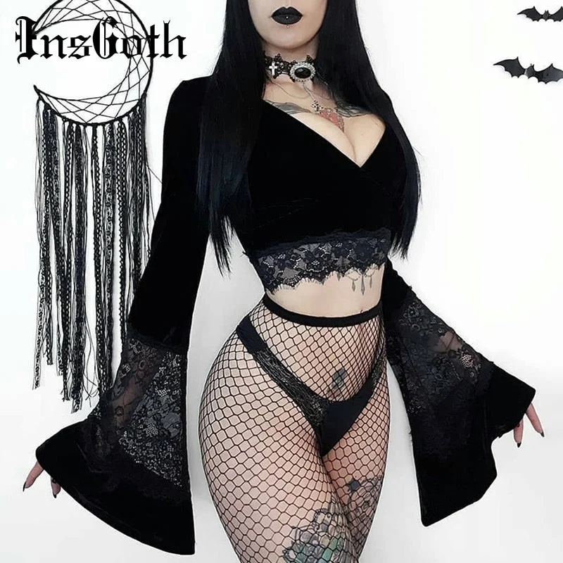 Gothic Crop Top Flare Sleeve Mesh Blend Leather Blend Suede Blend
