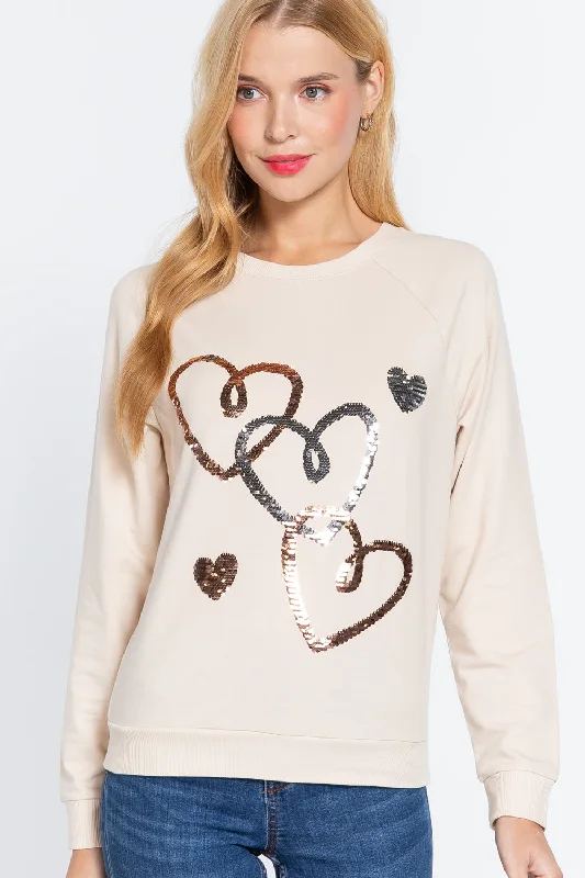 Long Sleeve Sequins French Terry Pullover Top in Bone Boyleg Sleeve Pullover