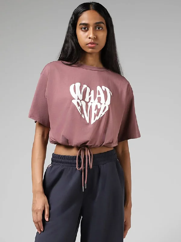 Superstar Dusty Rose Typographic Printed Drawstring Crop Top Boxy Fit Fitted Loose