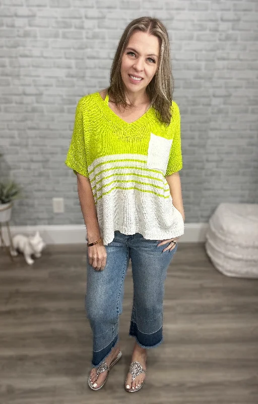 Neon Green & White Lightweight Summer Sweater Striped Floral Plaid