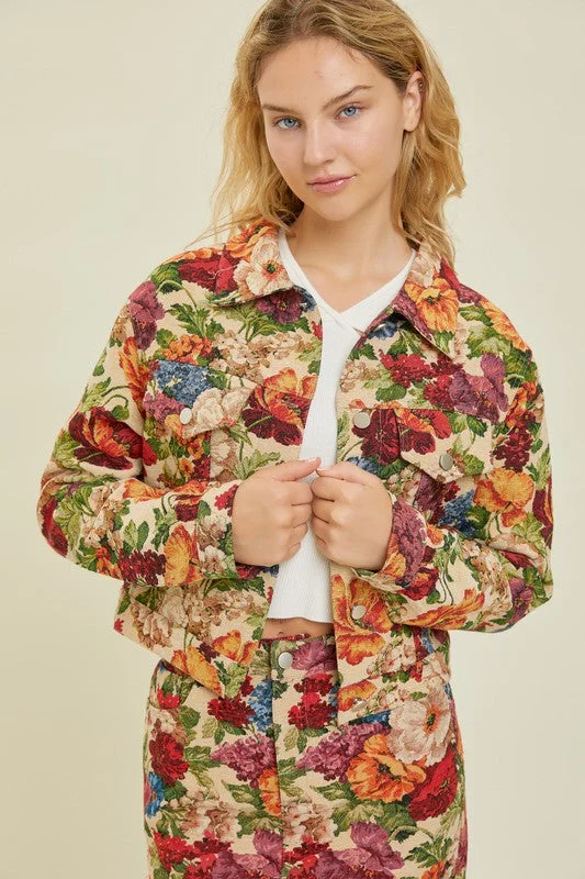 Work Of Art Floral Print Jacquard Jacket Trench Coat Raincoat Waterproof Jacket