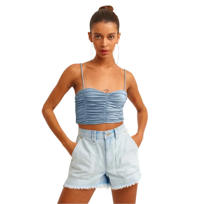 OXXO -  Shirred Metallic Crop Top Front Pockets Side Pockets Patch Pockets
