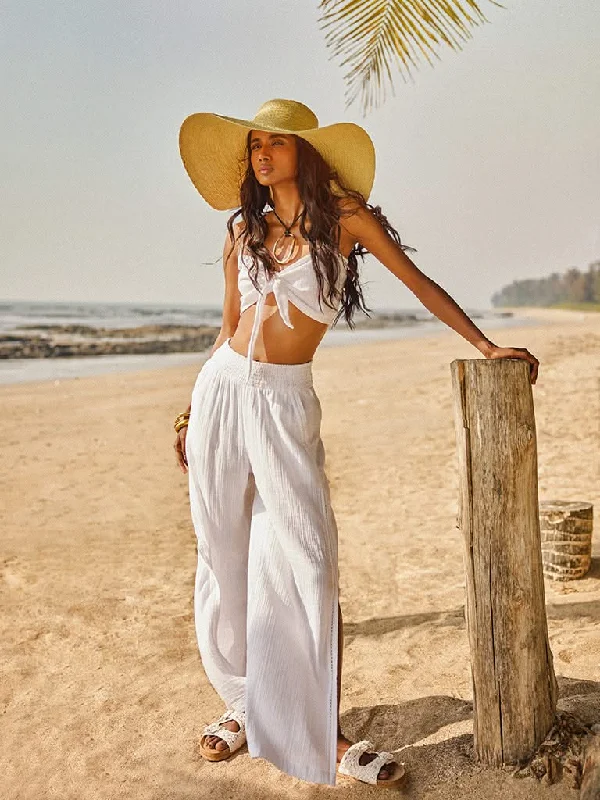 Wunderlove White Cotton Crinkled Crop Top Terry Blend Velvet Blend Canvas Blend
