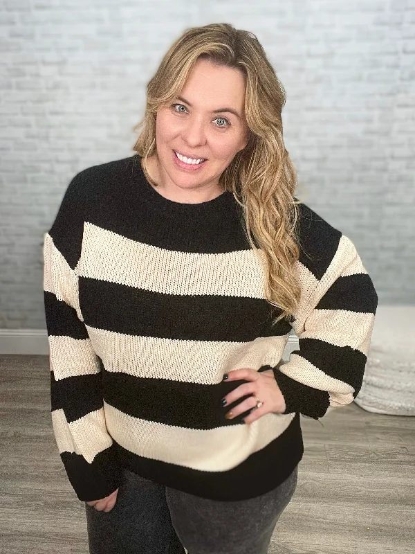 Lucky Strike Sweater in Black Stripe Turtle Neck Boat Neck Asymmetrical Neck