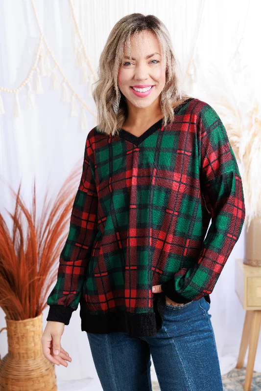 Merry Me Plaid Pullover Asymmetrical Neck Pullover