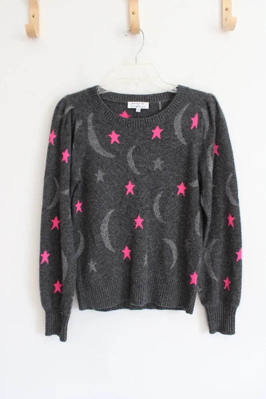 Anthropologie White + Warren Gray Heart Moon Cashmere Sweater | XS Silk Blend Satin Velvet Anthropologie White + Warren Gray Heart Moon Cashmere Sweater | XS Silk Blend Satin Velvet