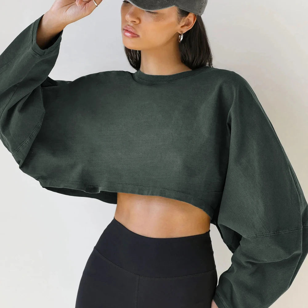 Women Gym Sports Long Sleeve Crop Top Mesh Canvas Denim